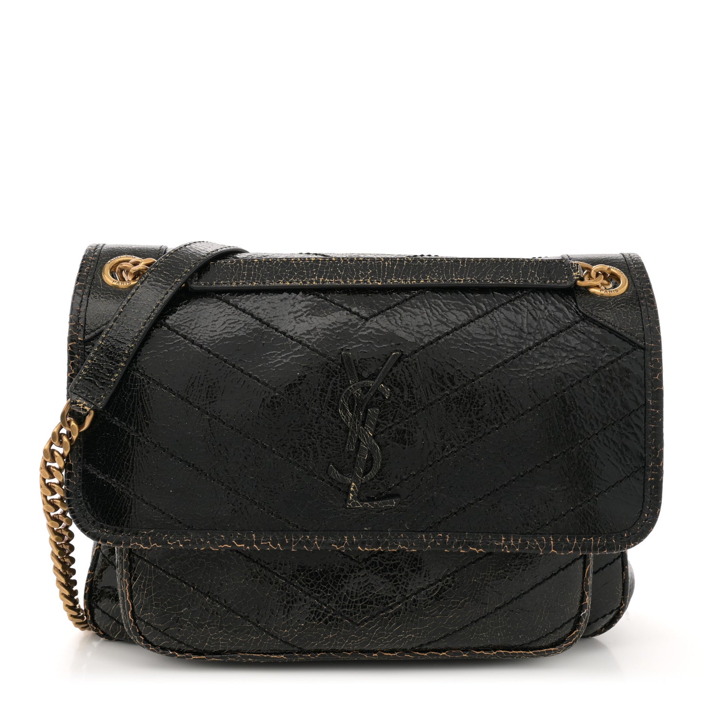Crinkled Calfskin Matelasse Monogram Medium Niki Chain Satchel Black Ocra