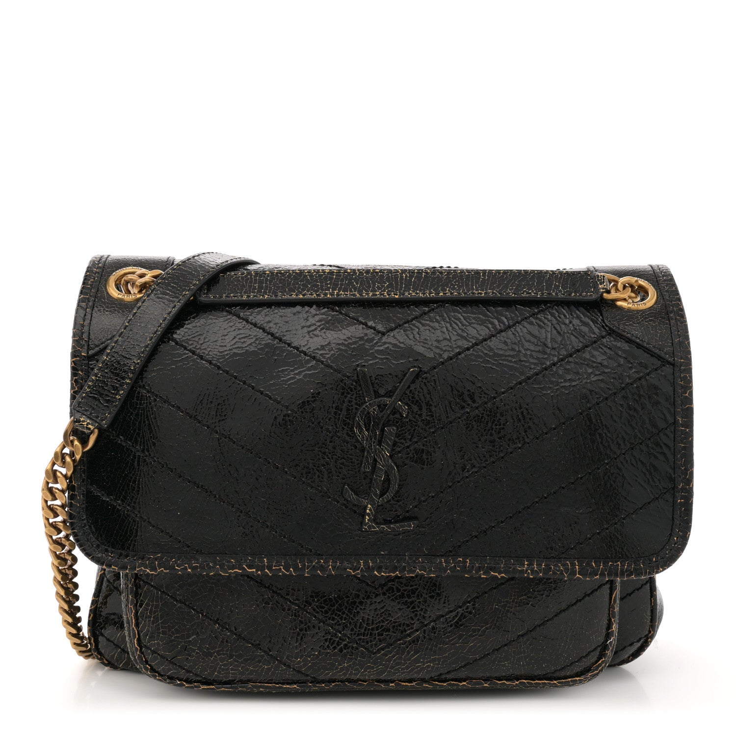 Saint Laurent Crinkled Calfskin Matelasse Monogram Medium Niki Chain Satchel Black Ocra 1 of 11