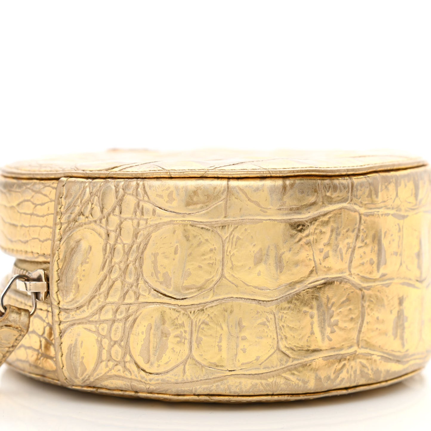 Metallic Calfskin Crocodile Embossed Cocodile Round Clutch with Chain Gold