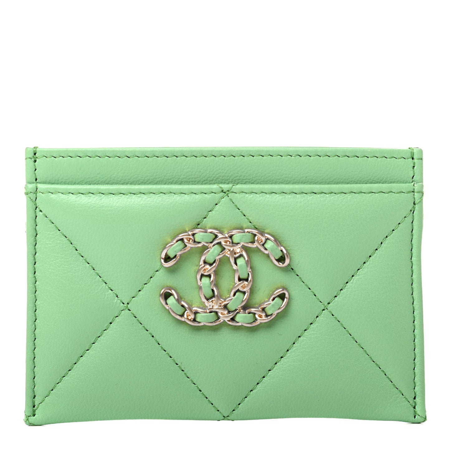 Shiny Goatskin Quilted Chanel 19 Card Holder Green