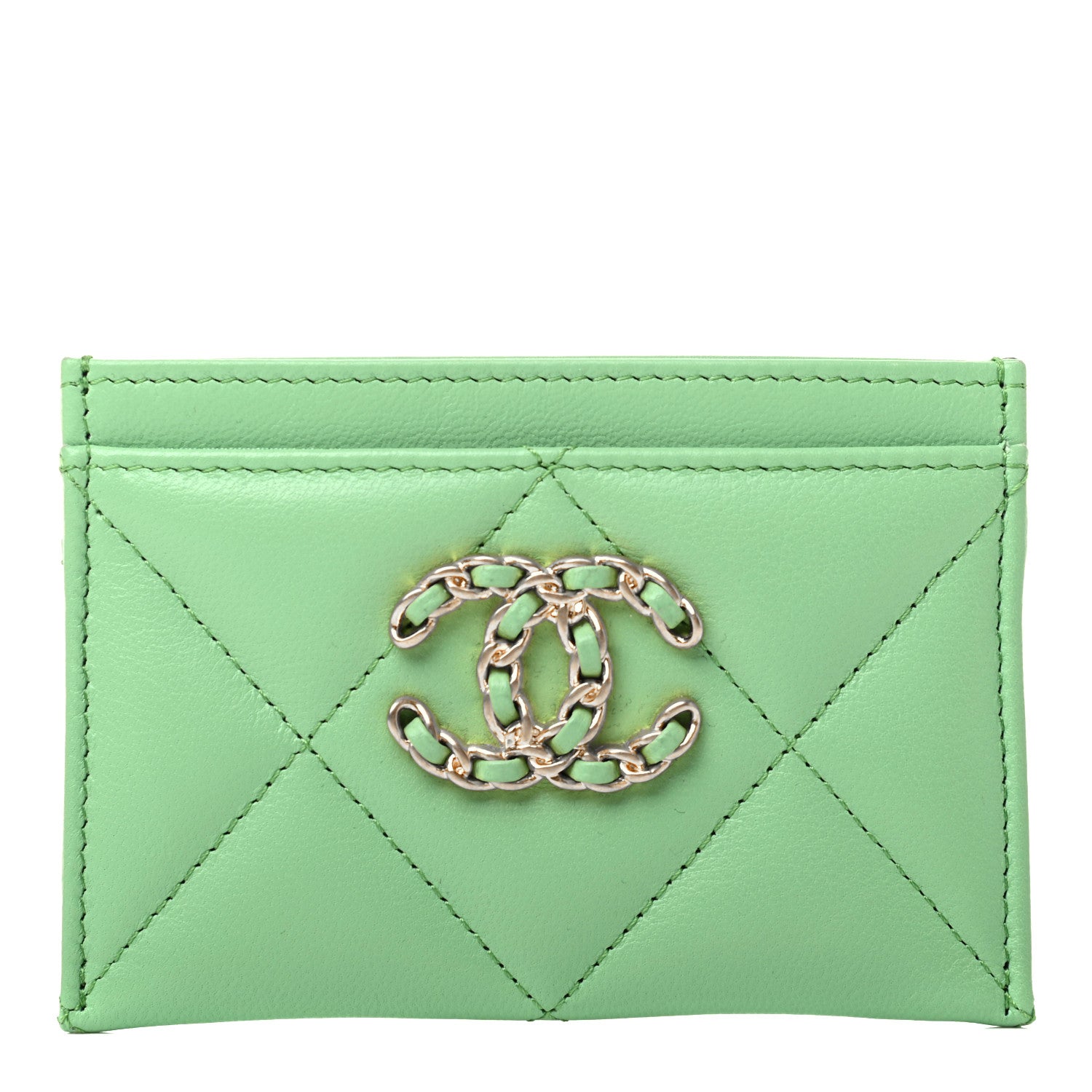 Chanel Shiny Goatskin Quilted Chanel 19 Card Holder Green 1 of 9