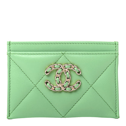Chanel Shiny Goatskin Quilted Chanel 19 Card Holder Green 1 of 9