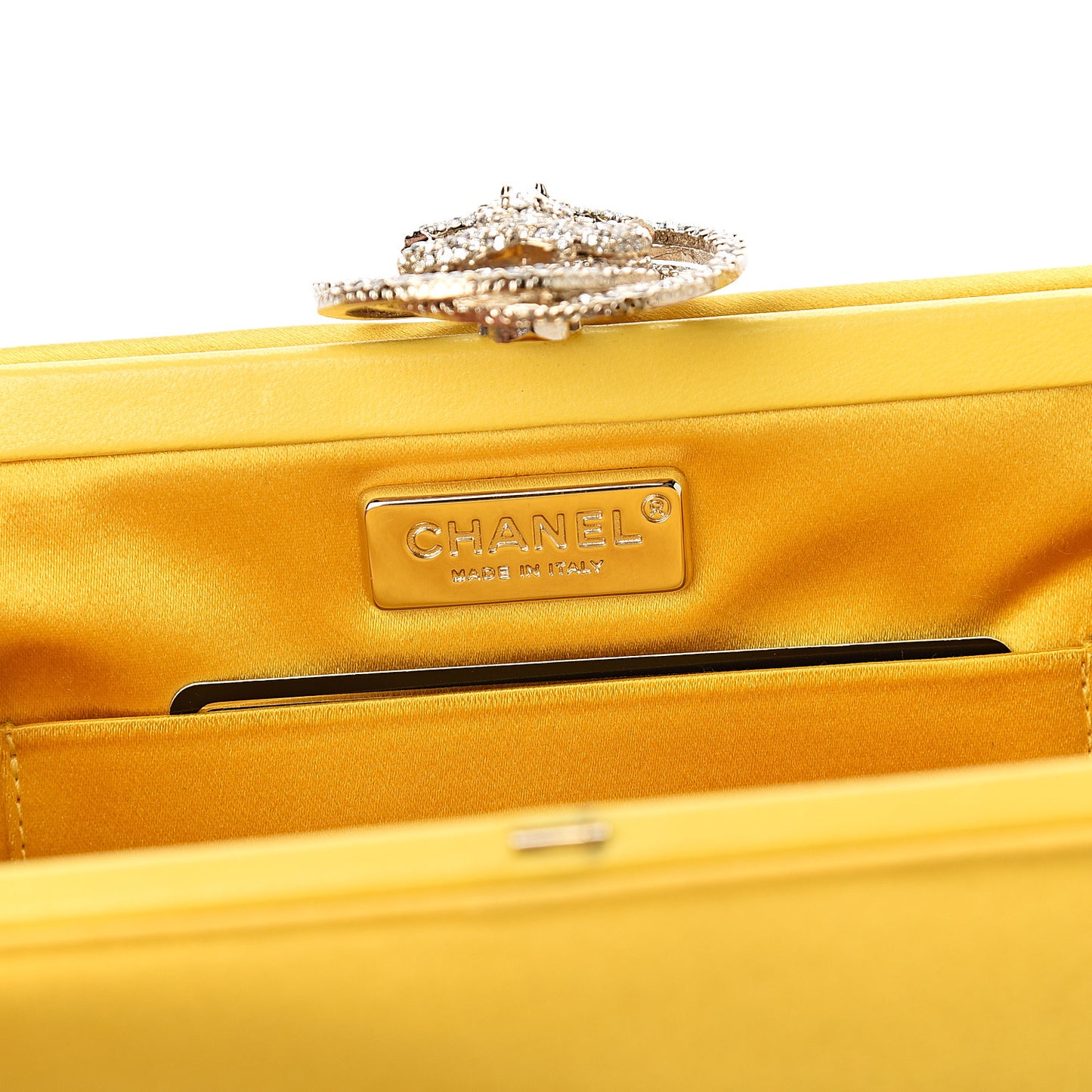 Satin Crystal Camellia Evening Frame Clutch Yellow