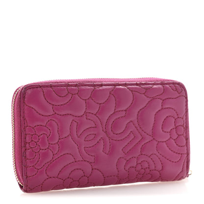 Chanel Lambskin Camellia Embossed Small Zip Around Wallet Dark Pink 3 of 12