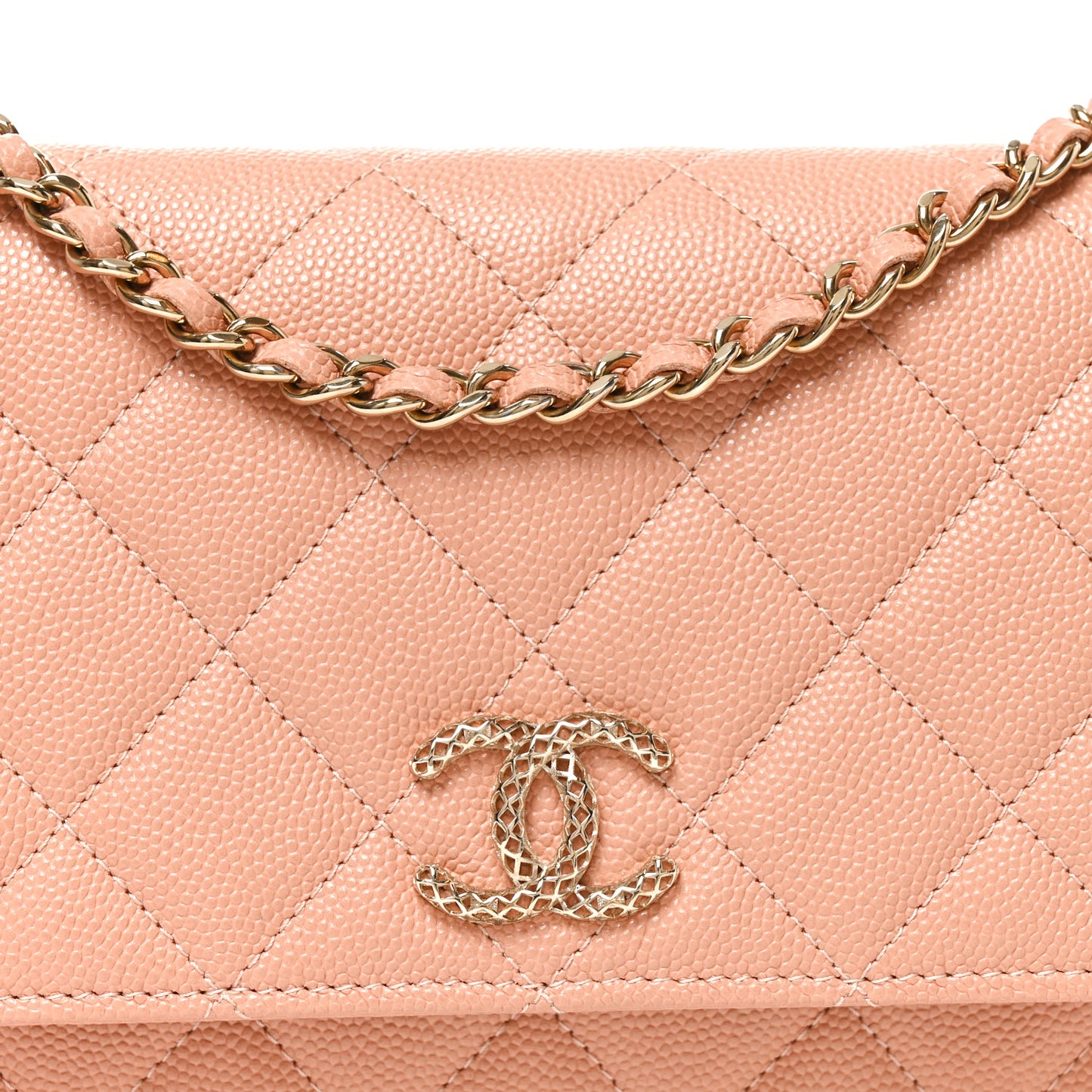 Caviar Quilted Perforated Metal CC Wallet On Chain WOC Beige