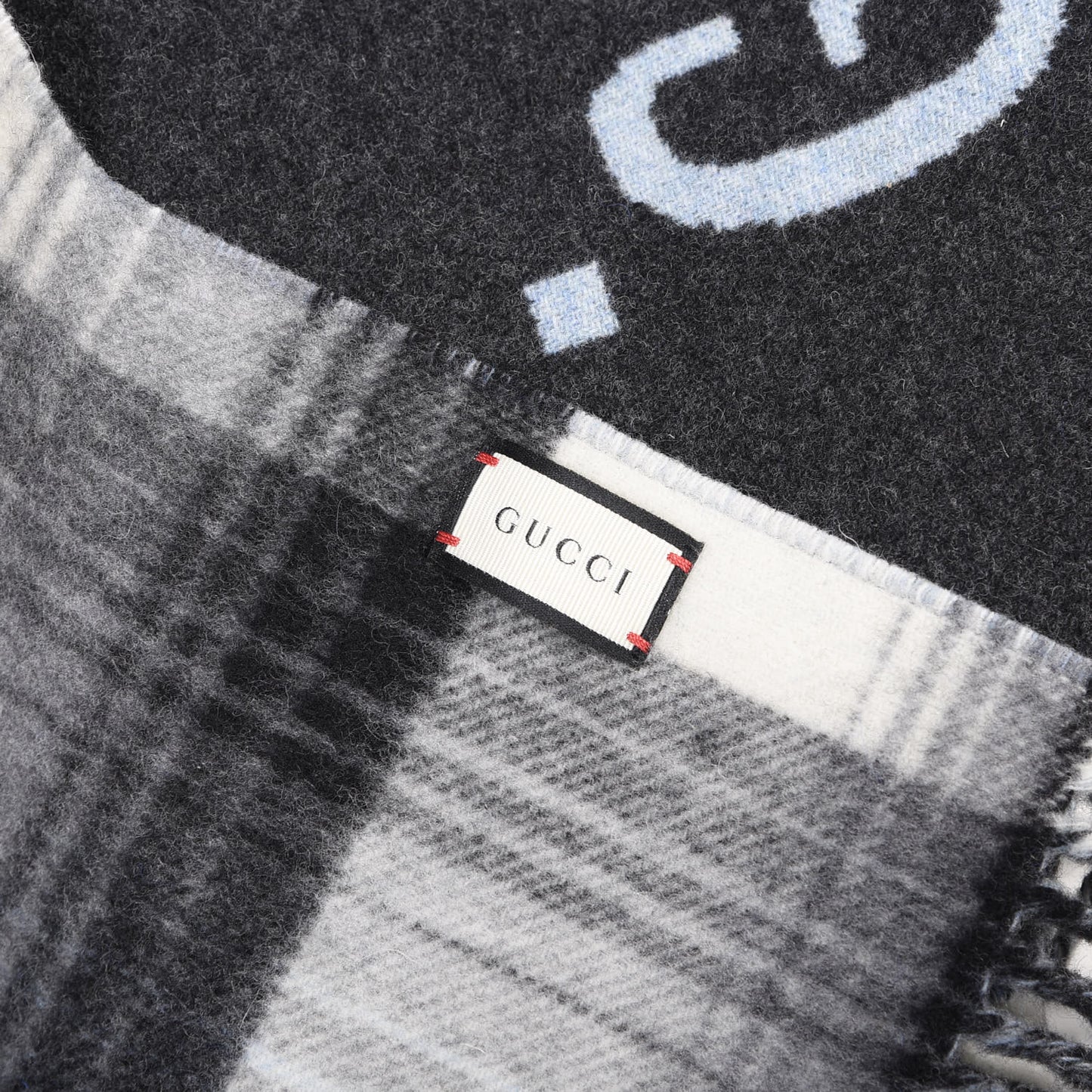 Wool GG Monogram Plaid Tartan Free Scarf Grey