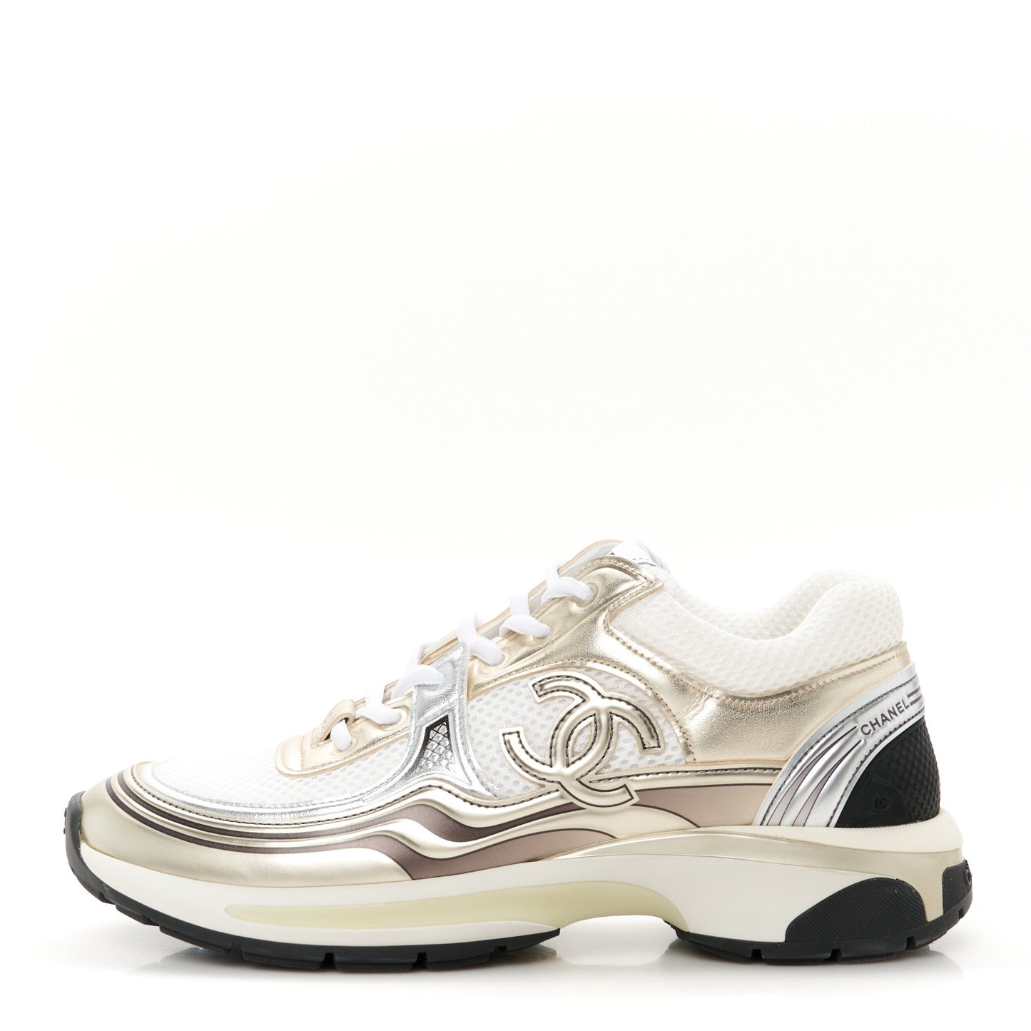 Fabric Laminated Calfskin Stretch CC Womens Sneakers 39.5 White Gold Silver