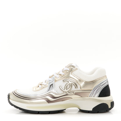 Chanel Fabric Laminated Calfskin Stretch CC Womens Sneakers 39.5 White Gold Silver 1 of 9