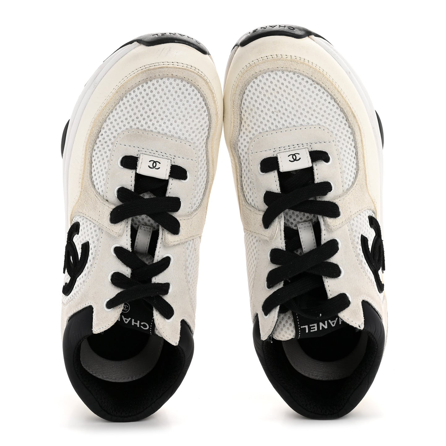 Mesh Suede Calfskin Grained Calfskin Womens CC Sneakers 38.5 White Black