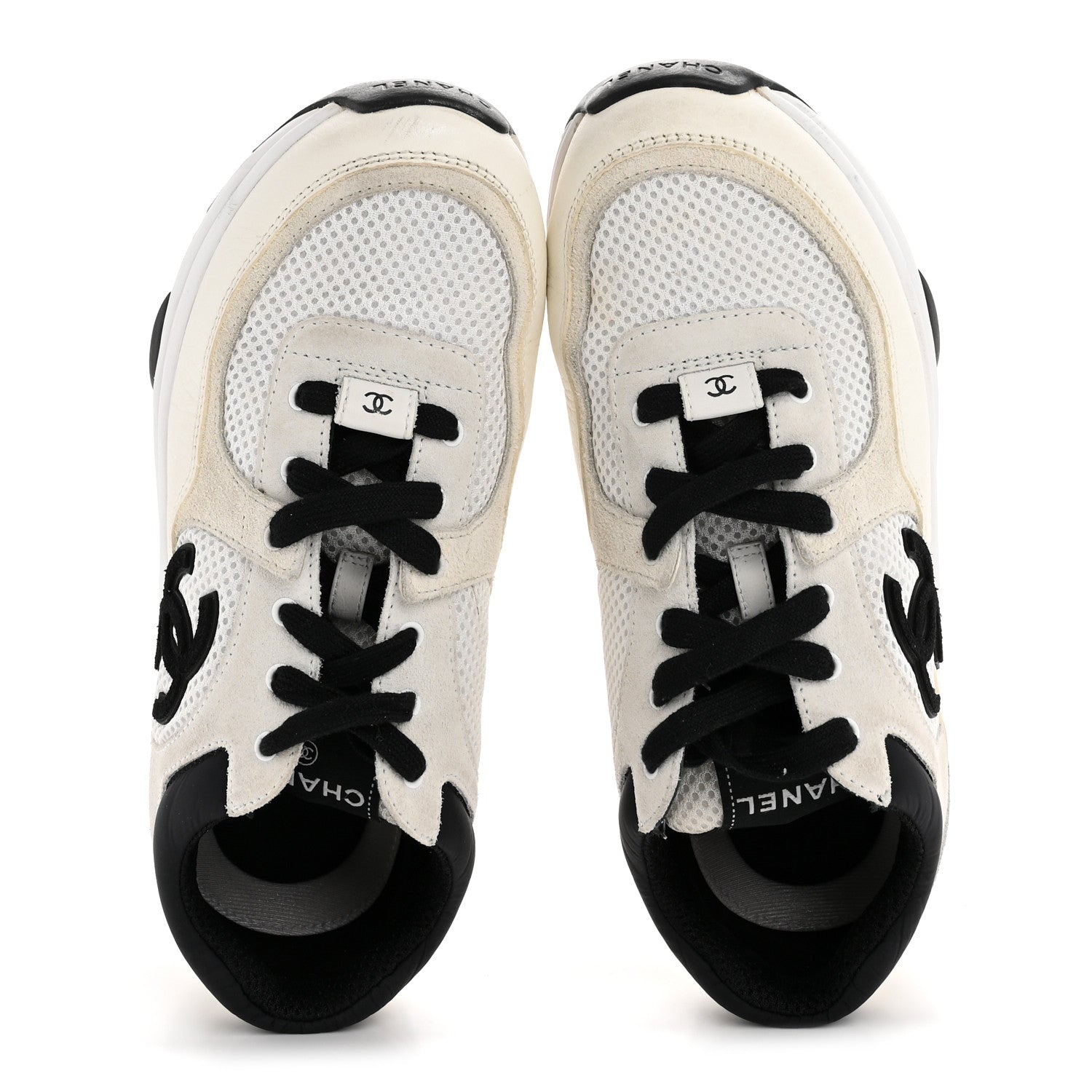 Chanel Mesh Suede Calfskin Grained Calfskin Womens CC Sneakers 38.5 White Black 2 of 10