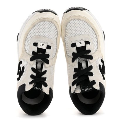 Chanel Mesh Suede Calfskin Grained Calfskin Womens CC Sneakers 38.5 White Black 2 of 10