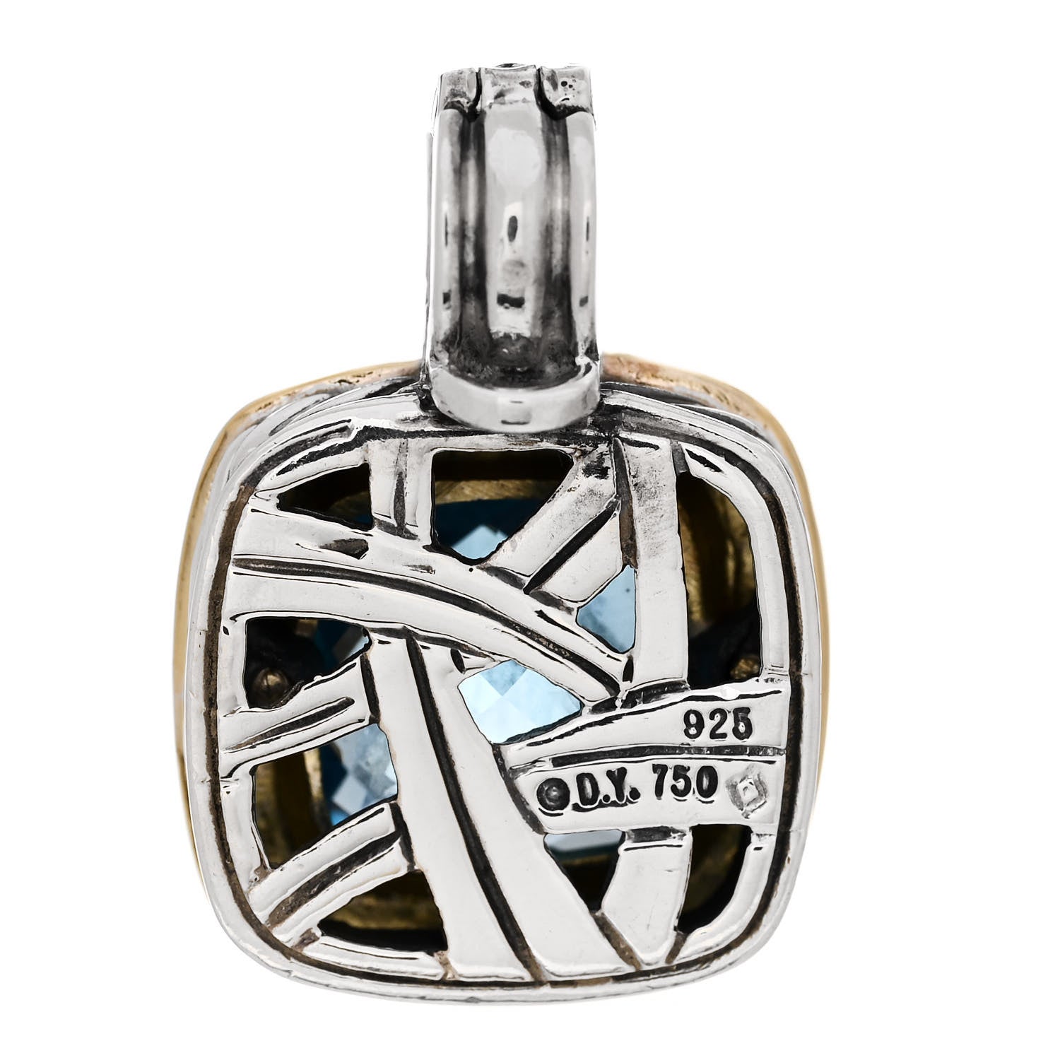 David Yurman Sterling Silver 18K Yellow Gold Blue Topaz 14mm Albion Enhancer Pendant 3 of 4