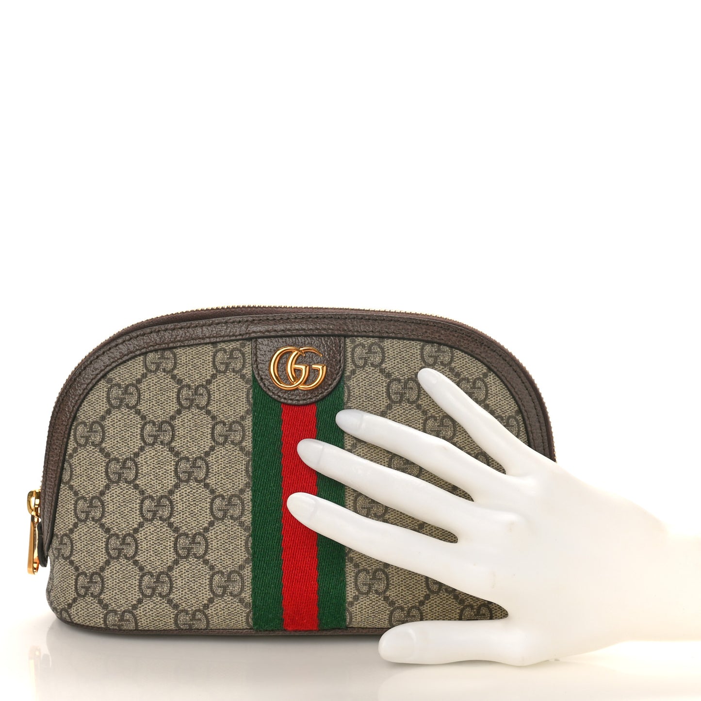 GG Supreme Monogram Textured Calfskin Web Large Ophidia Cosmetic Case Beige Ebony New Acero