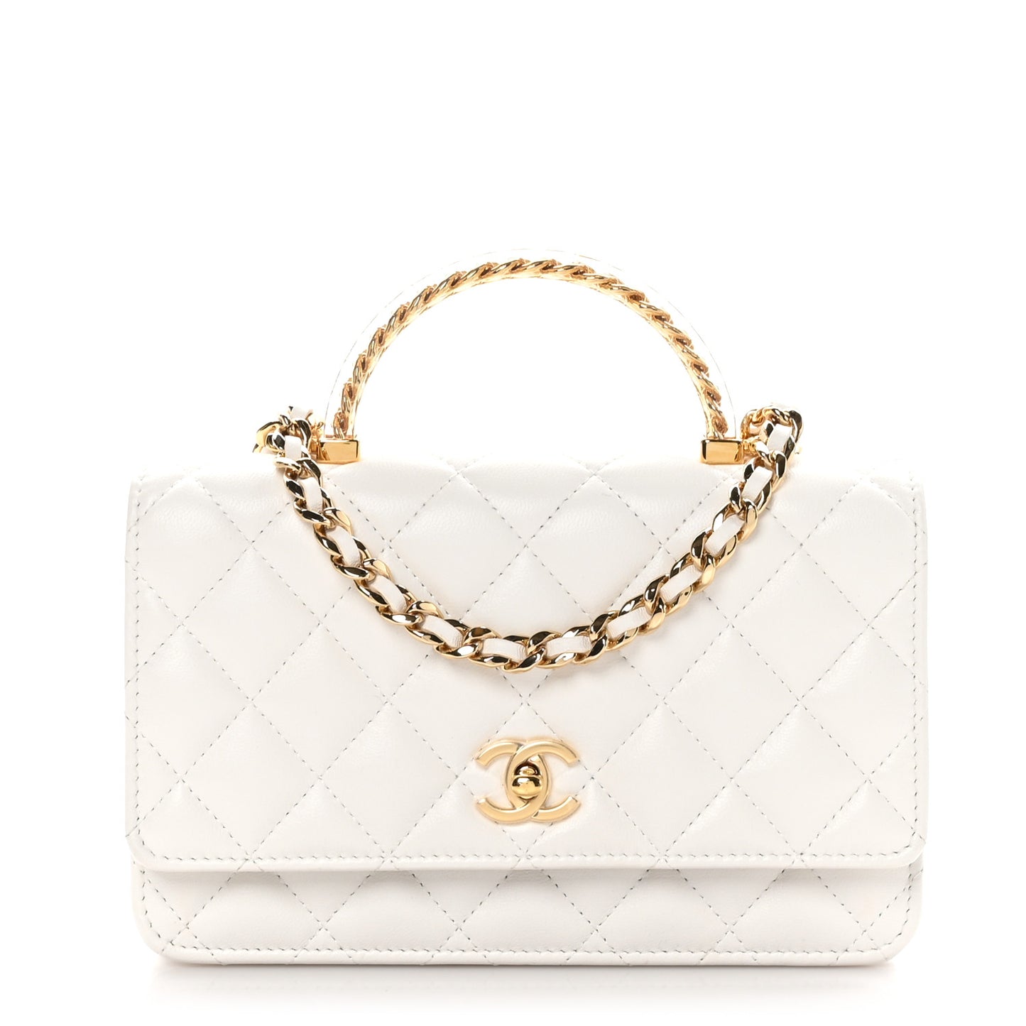 Lambskin Quilted Resin Chain Top Handle Wallet On Chain WOC White