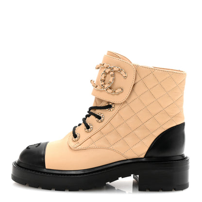 Chanel Lambskin Calfskin Quilted Lace Up Combat Boots 35.5 Beige Black 1 of 10