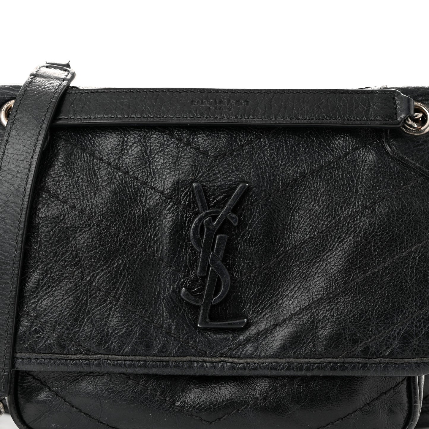 Crinkled Calfskin Matelasse Monogram Baby Niki Chain Satchel Black