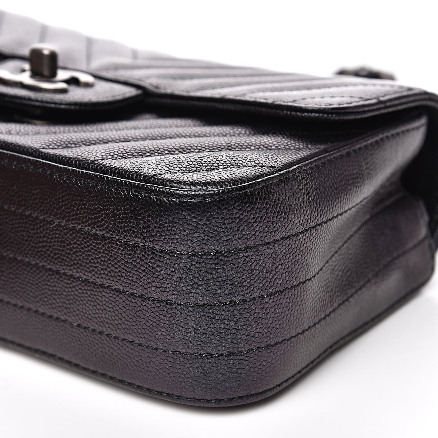Iridescent Caviar Chevron Quilted Mini Rectangular Flap Black