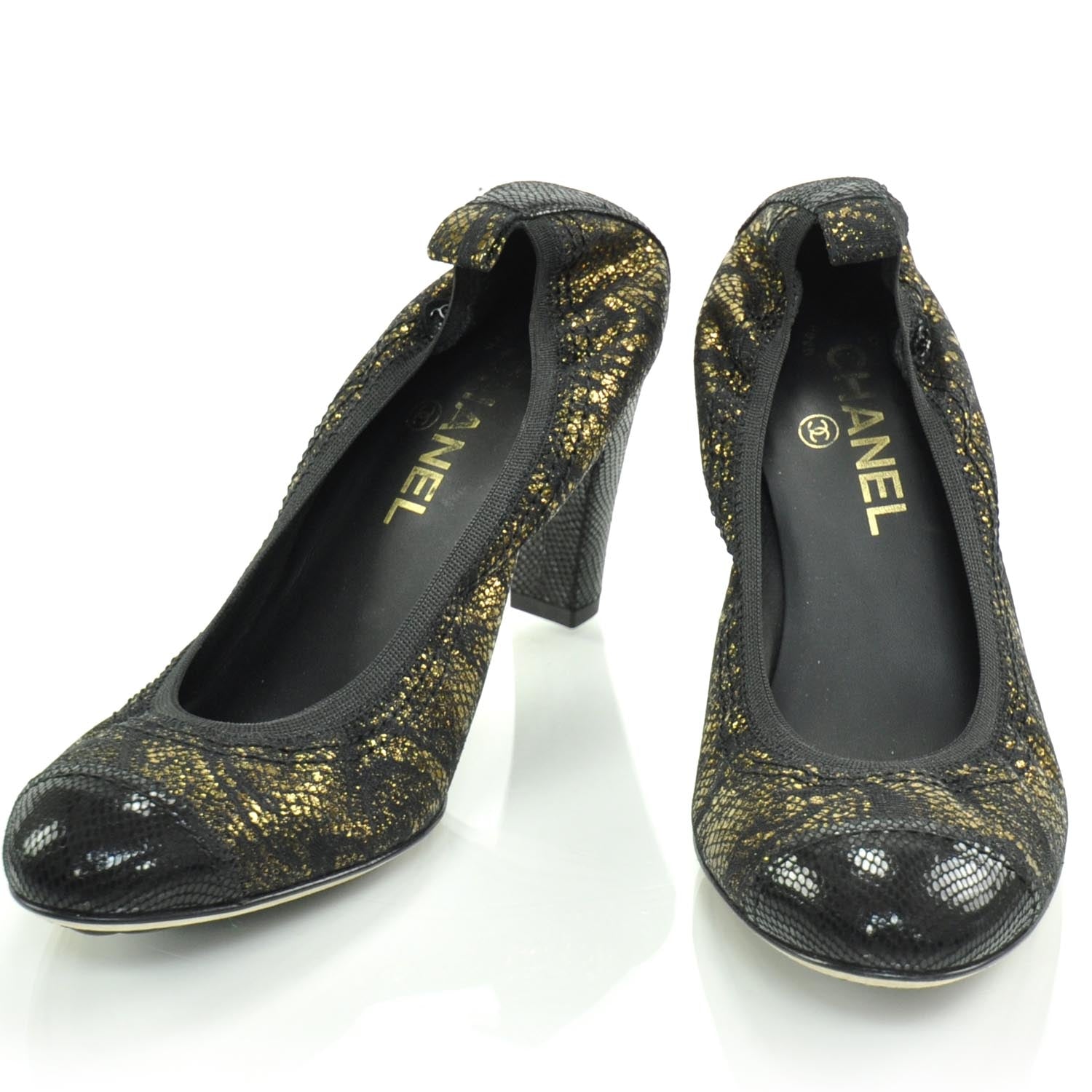 Chanel Snakeskin Embossed Cap Toe Lace Overlay Elastic Heels 38.5 1 of 9
