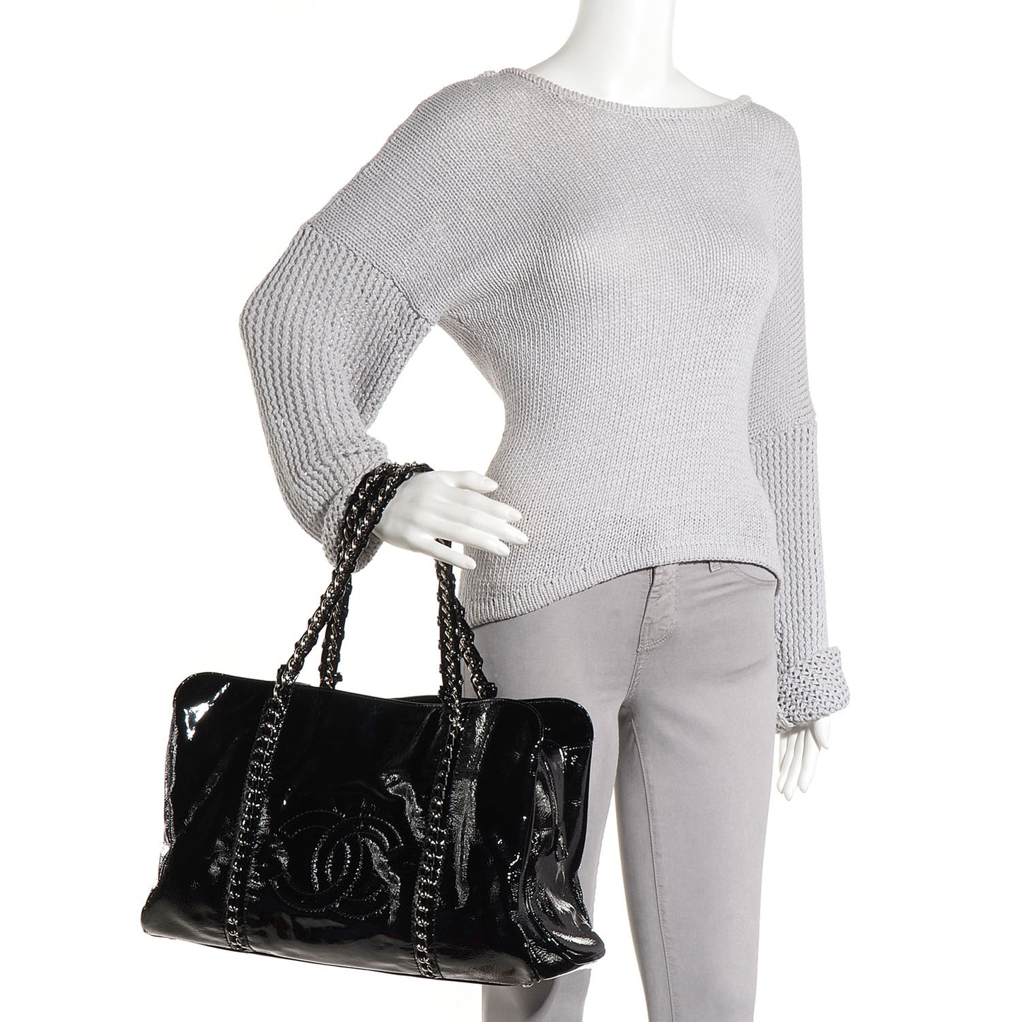 Patent Calfskin Large Luxe Ligne Tote Black