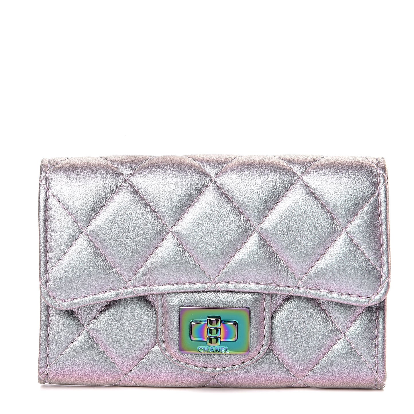 Iridescent Lambskin Quilted Reissue Flap Card Holder Light Purple