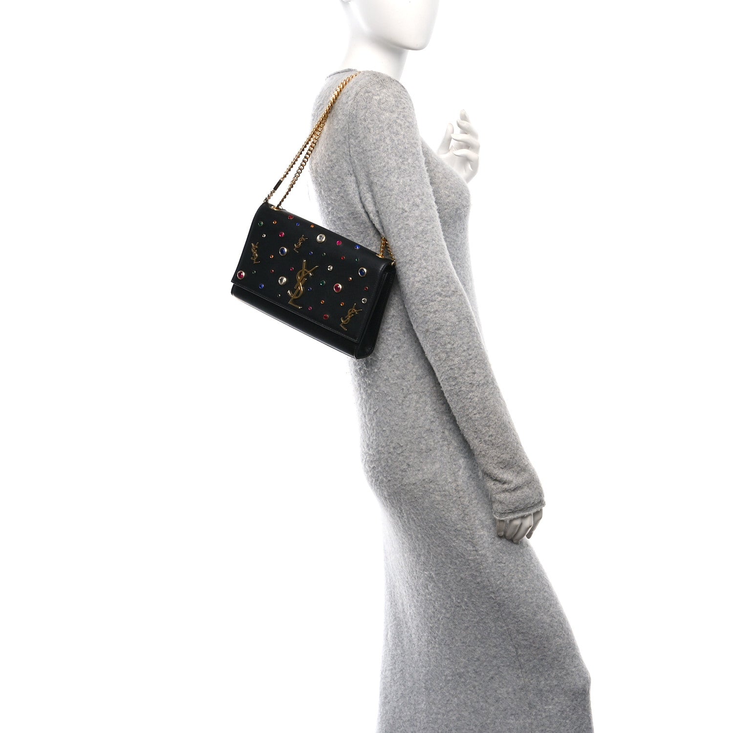 Saint Laurent Calfskin Crystal Medium Monogram Kate Satchel Black 2 of 10