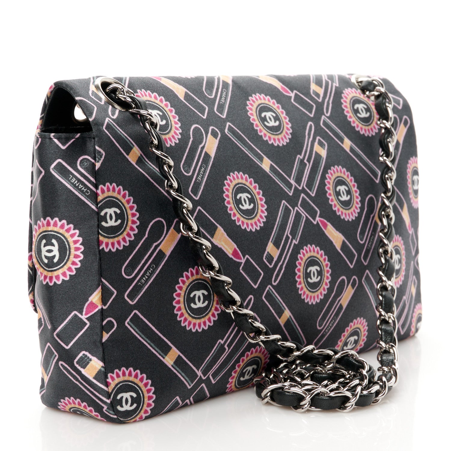 Chanel Satin Printed Lipstick Small Single Flap Black 3 of 11
