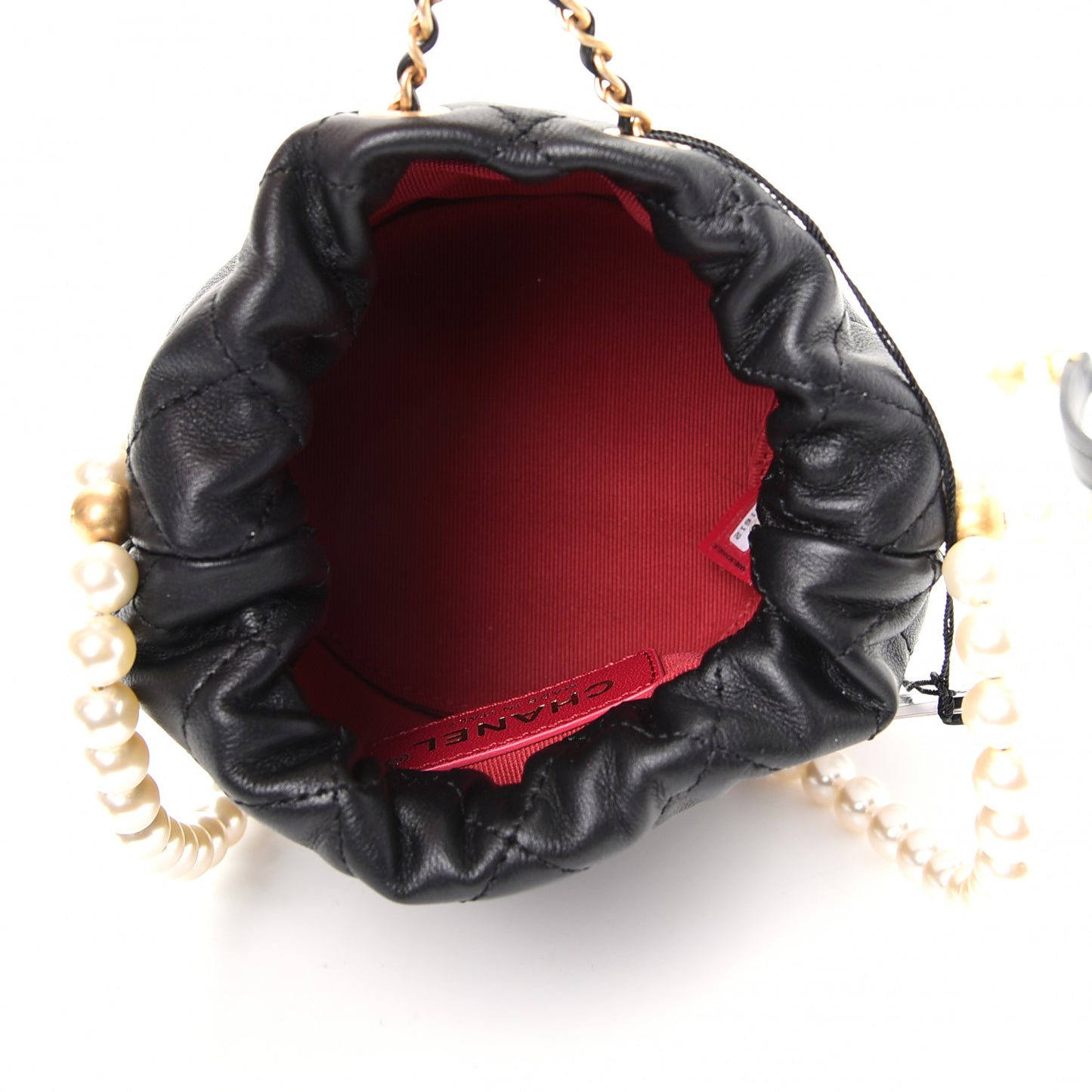 Calfskin Quilted Pearl Mini About Pearls Drawstring Bucket Bag Black