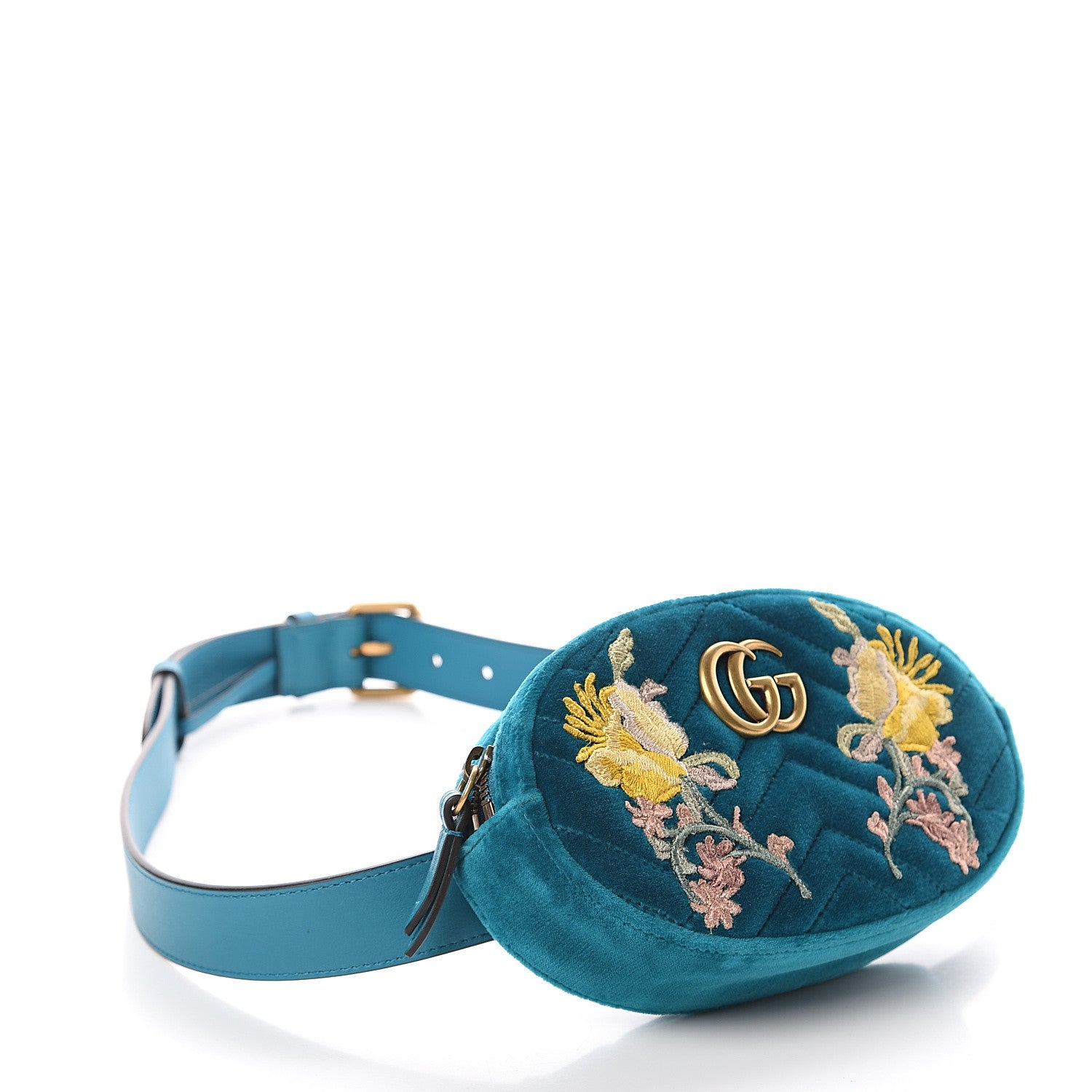 Gucci Velvet Matelasse Embroidered GG Marmont Belt Bag 105 42 Pavone Cyan 3 of 8