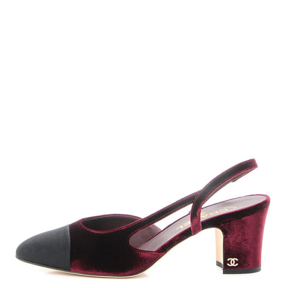 Chanel Velvet Grosgrain Cap Toe CC Slingback Pumps 40.5 Burgundy Black 1 of 9