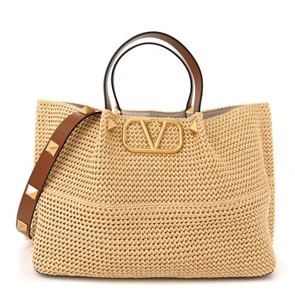 Valentino Garavani Raffia Grained Calfskin Medium Rockstud Vlogo Tote Naturale 1 of 11