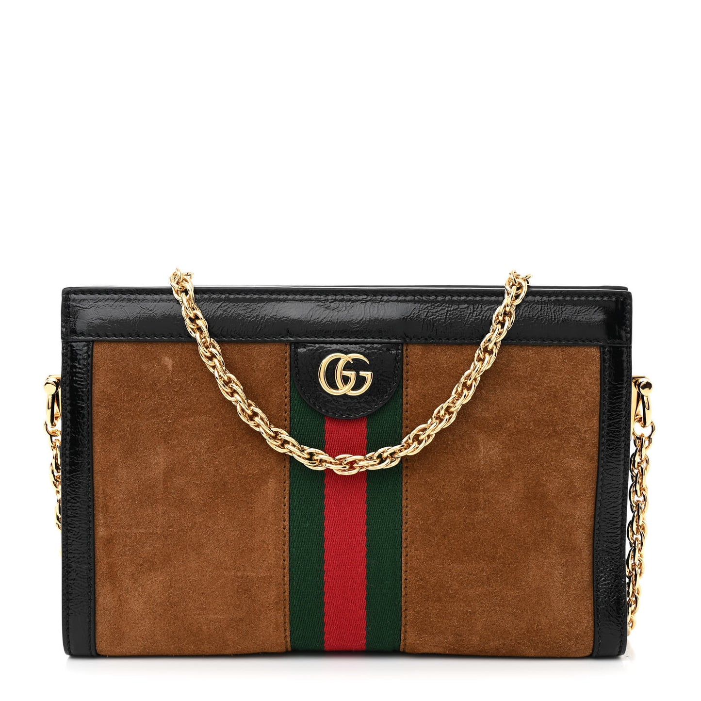 Suede Patent Web Small Ophidia Chain Shoulder Bag Nocciola Black