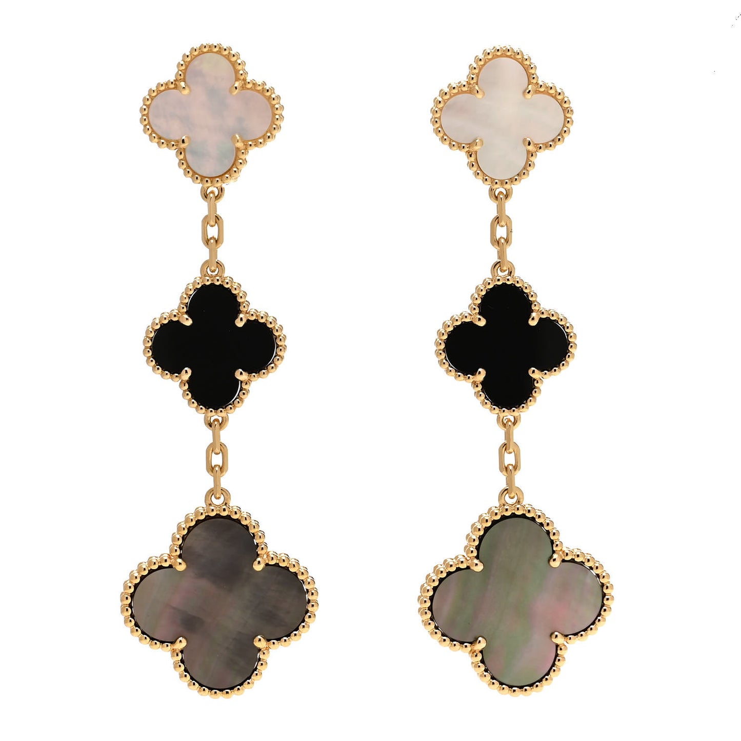18K Yellow Gold Mother of Pearl Black Onyx 3 Motifs Magic Alhambra Earrings