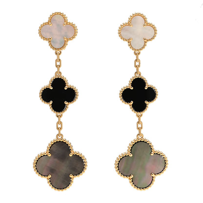 Van Cleef & Arpels 18K Yellow Gold Mother of Pearl Black Onyx 3 Motifs Magic Alhambra Earrings 1 of 5