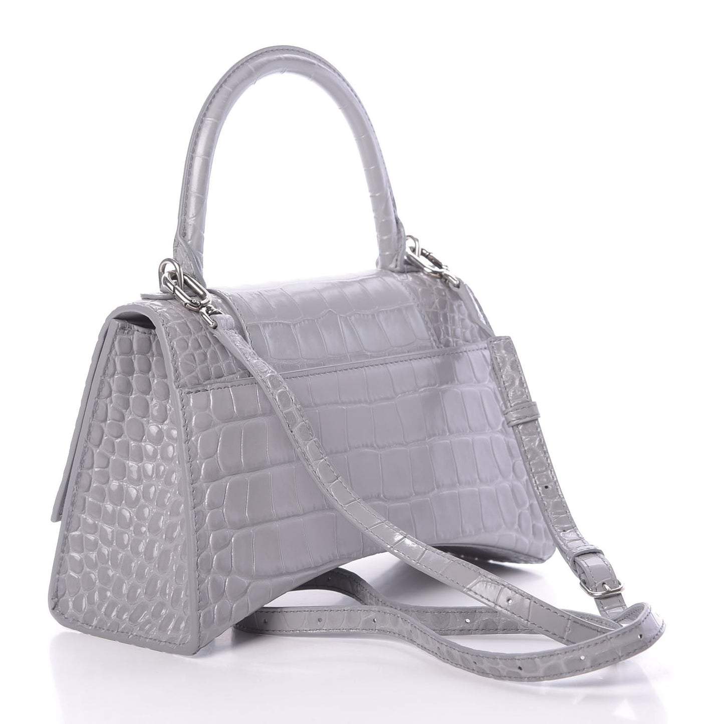 Shiny Calfskin Crocodile Embossed Small Hourglass Top Handle Bag Balenciaga Grey