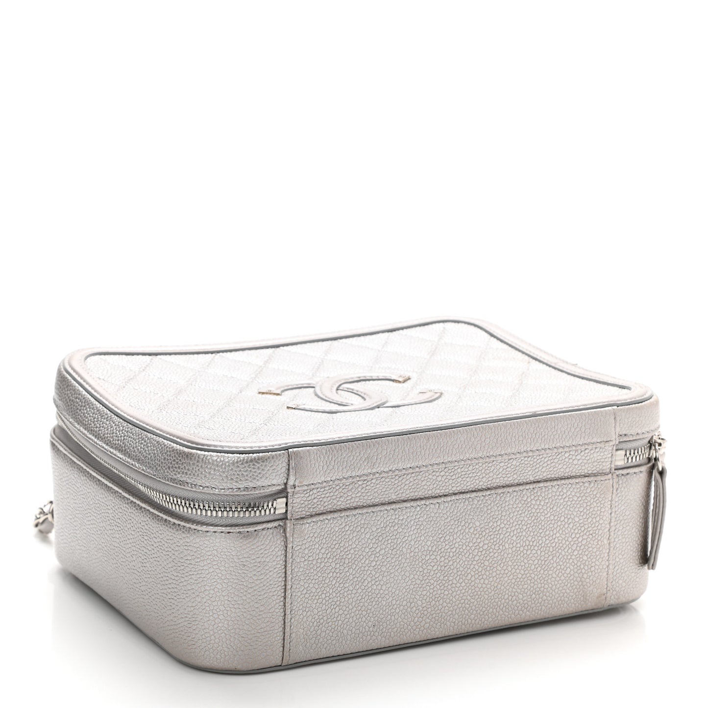 Metallic Caviar Quilted Large CC Filigree Vanity Case Silver