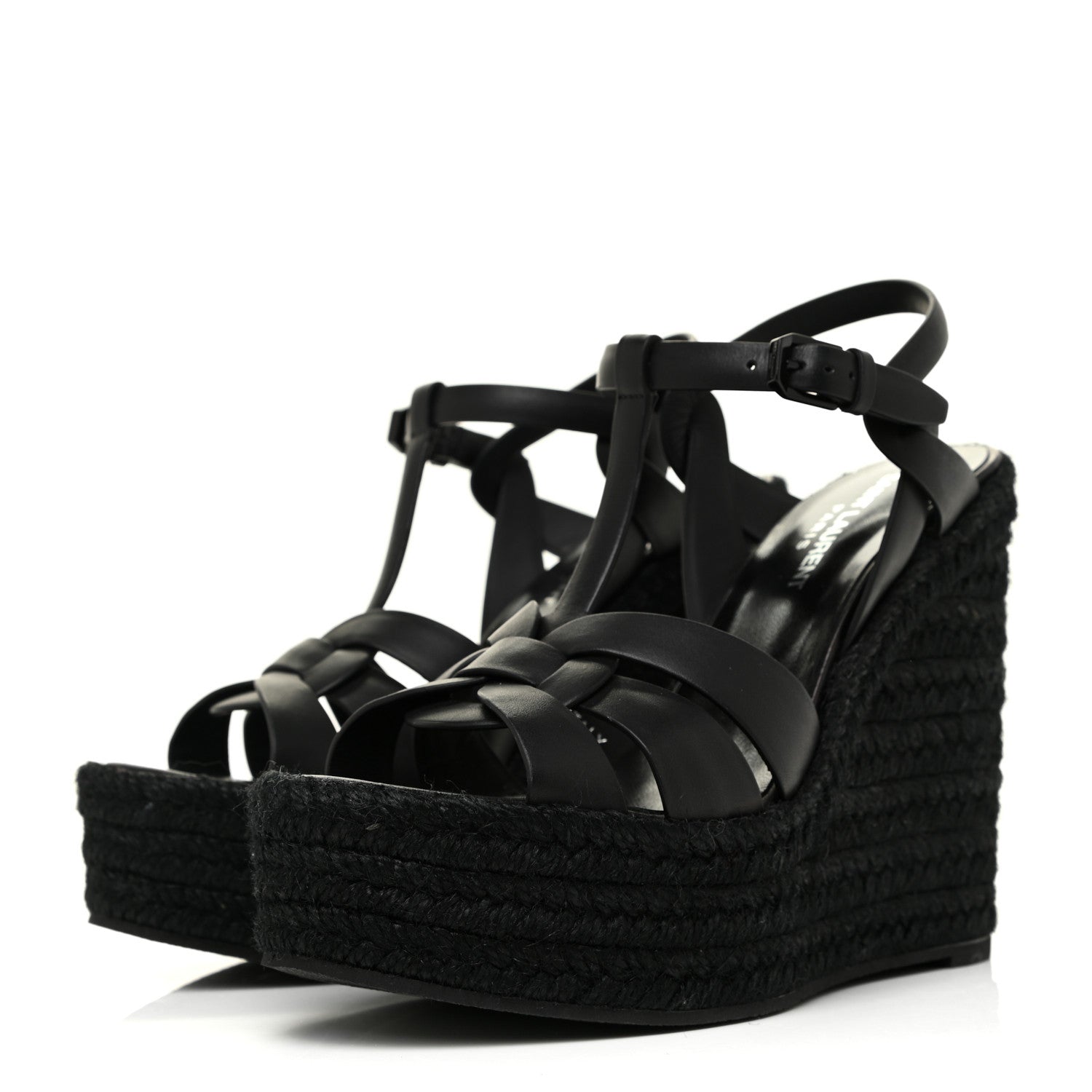 Saint Laurent Calfskin Tribute 95 Platform Espadrille Wedge Sandals 37 Black 3 of 9