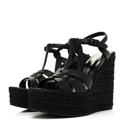 Saint Laurent Calfskin Tribute 95 Platform Espadrille Wedge Sandals 37 Black 3 of 9
