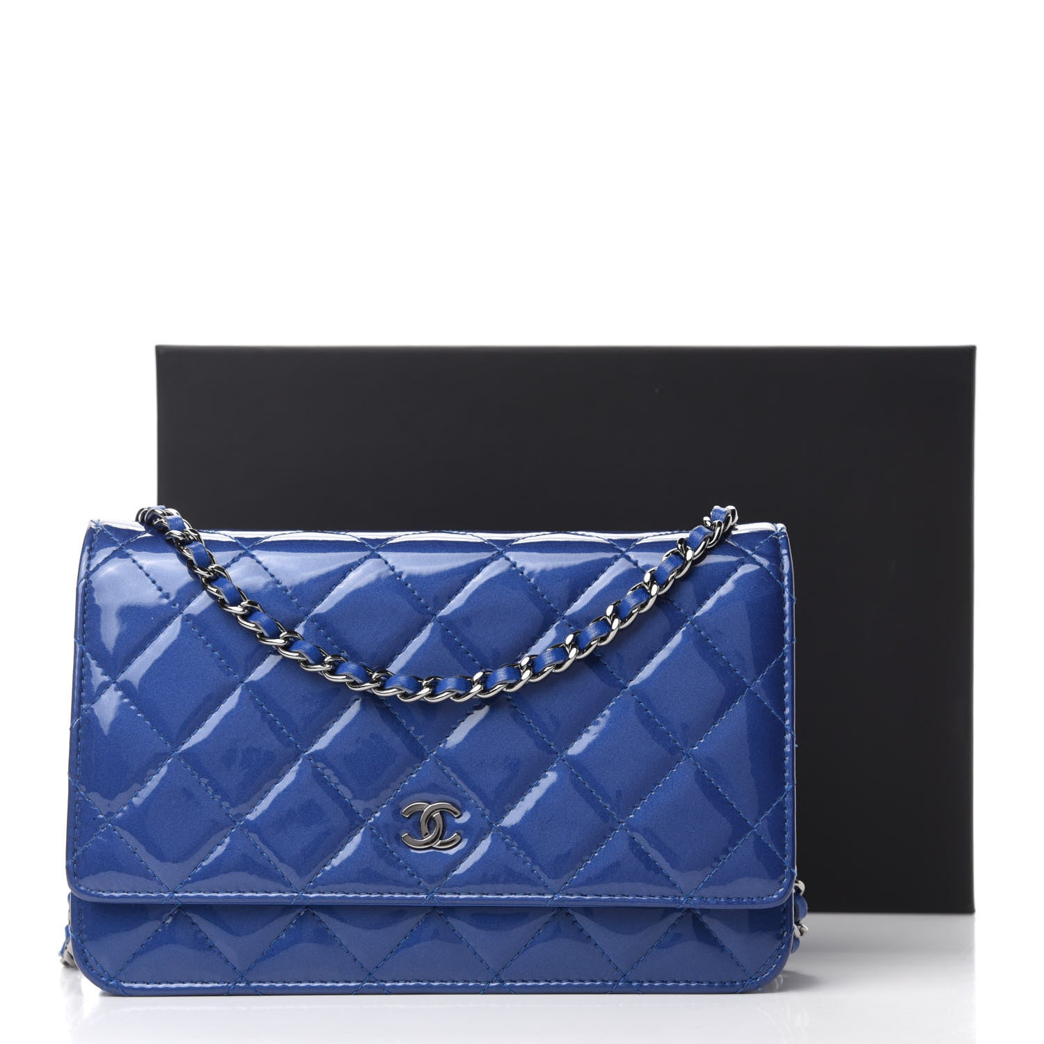 Chanel Patent Quilted Wallet On Chain WOC Dark Blue 13 of 13