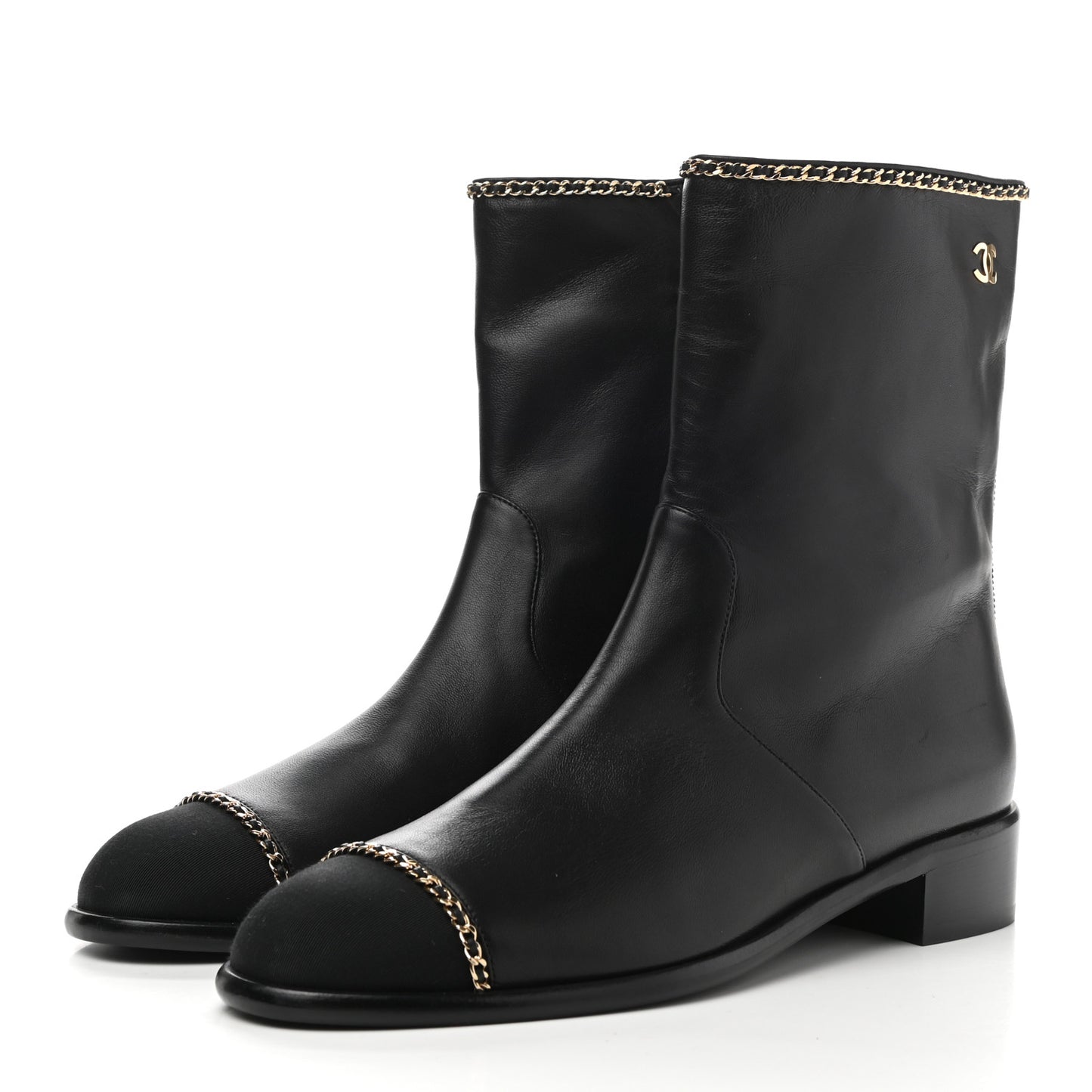 Lambskin Grosgrain Cap Toe Chain Short Boots 40.5 Black