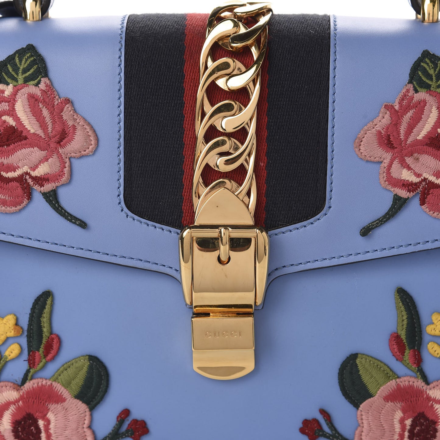 Calfskin Embroidered Medium Sylvie Top Handle Bag Clear Sky Blue