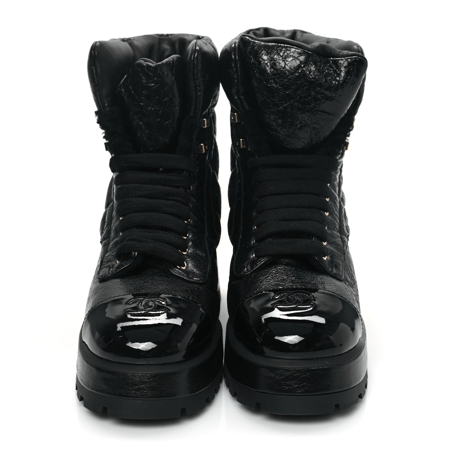 Chanel Crumpled Patent Lambskin Calfskin Quilted Lace Up Combat Boots 41.5 Black 2 of 9