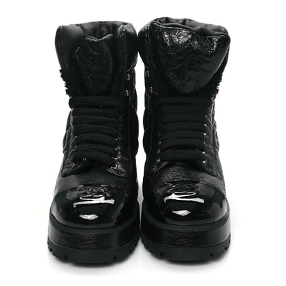 Chanel Crumpled Patent Lambskin Calfskin Quilted Lace Up Combat Boots 41.5 Black 2 of 9