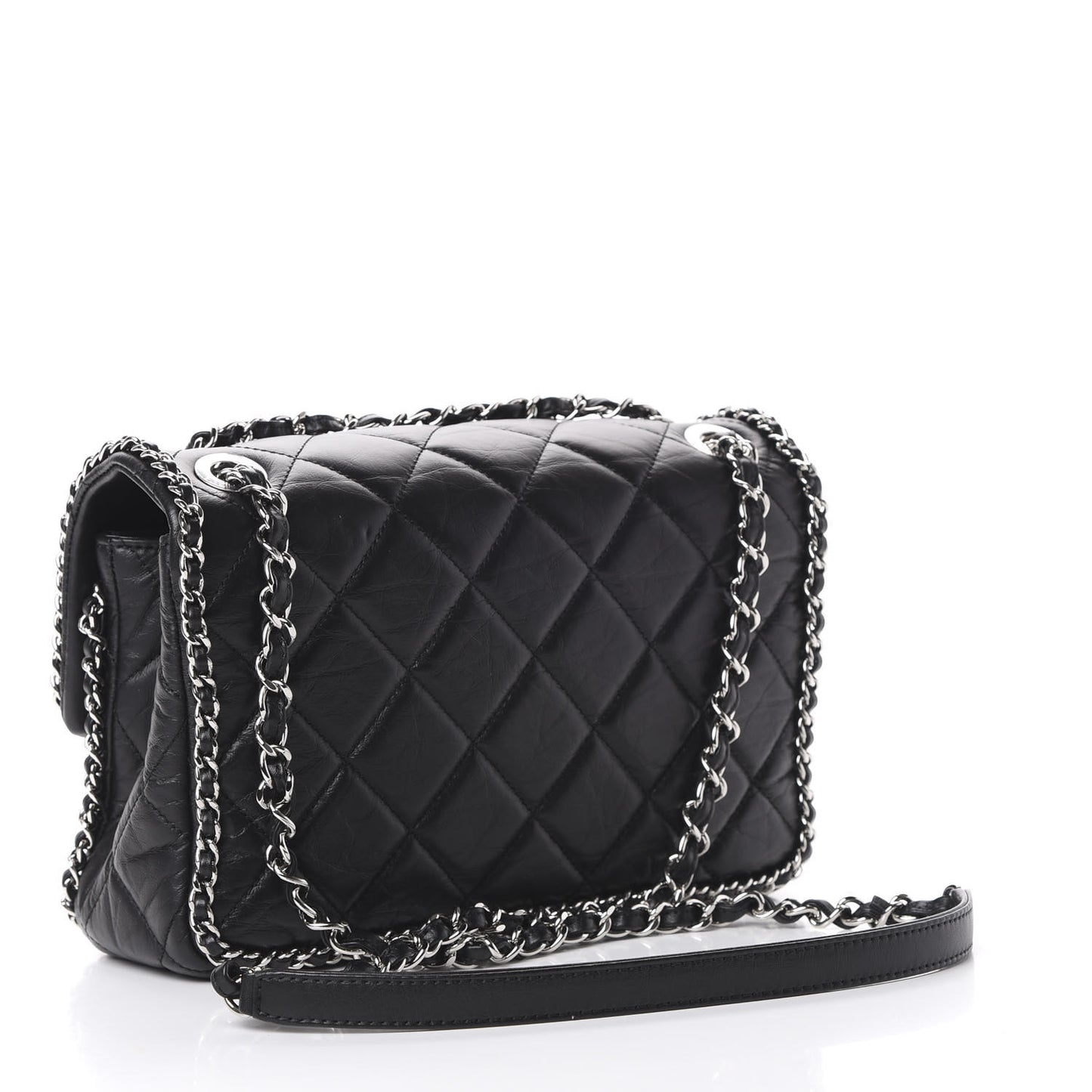 Crumpled Calfskin Medium Chain Flap Black