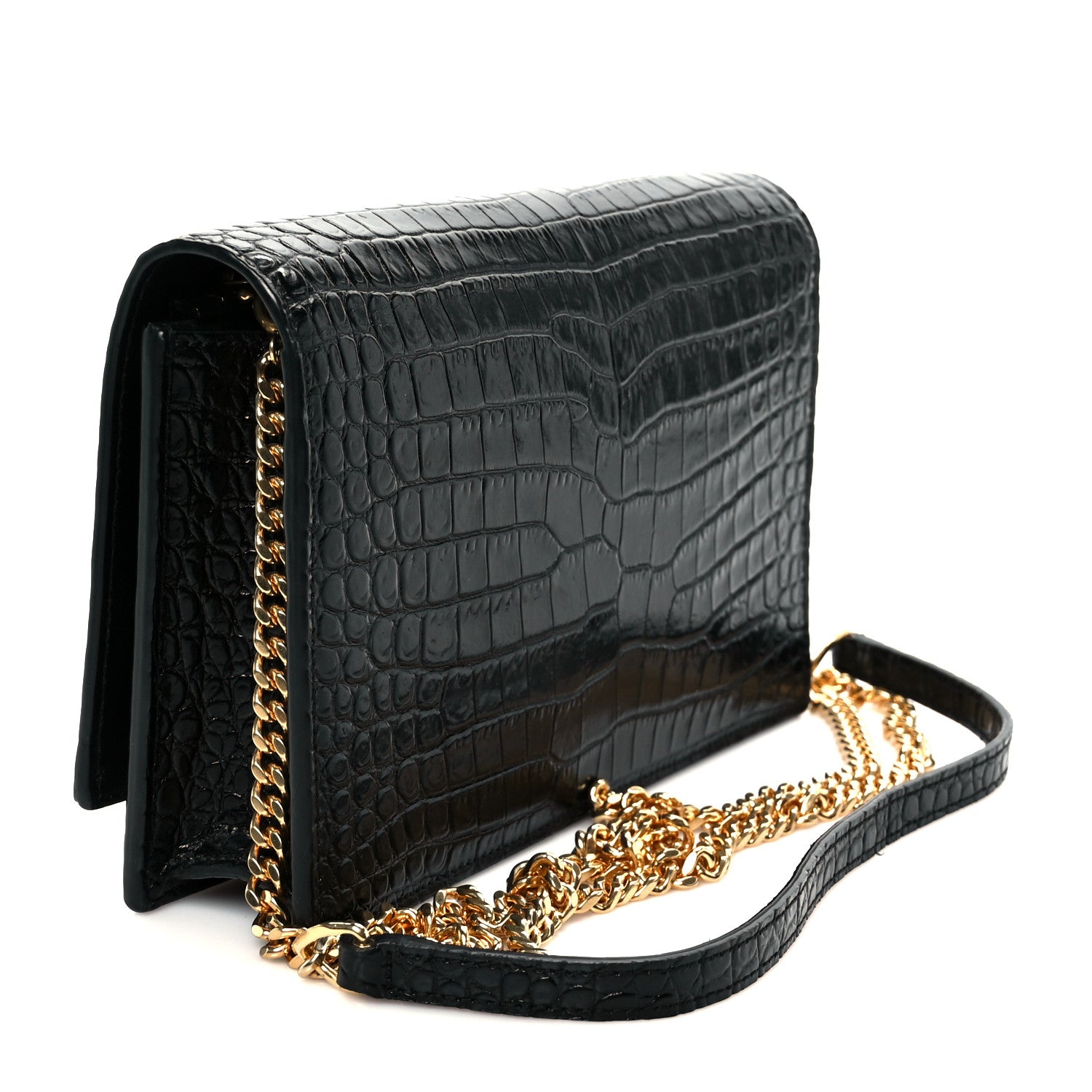 Saint Laurent Calfskin Crocodile Embossed Kate Monogram Tassel Chain Wallet Black 3 of 10