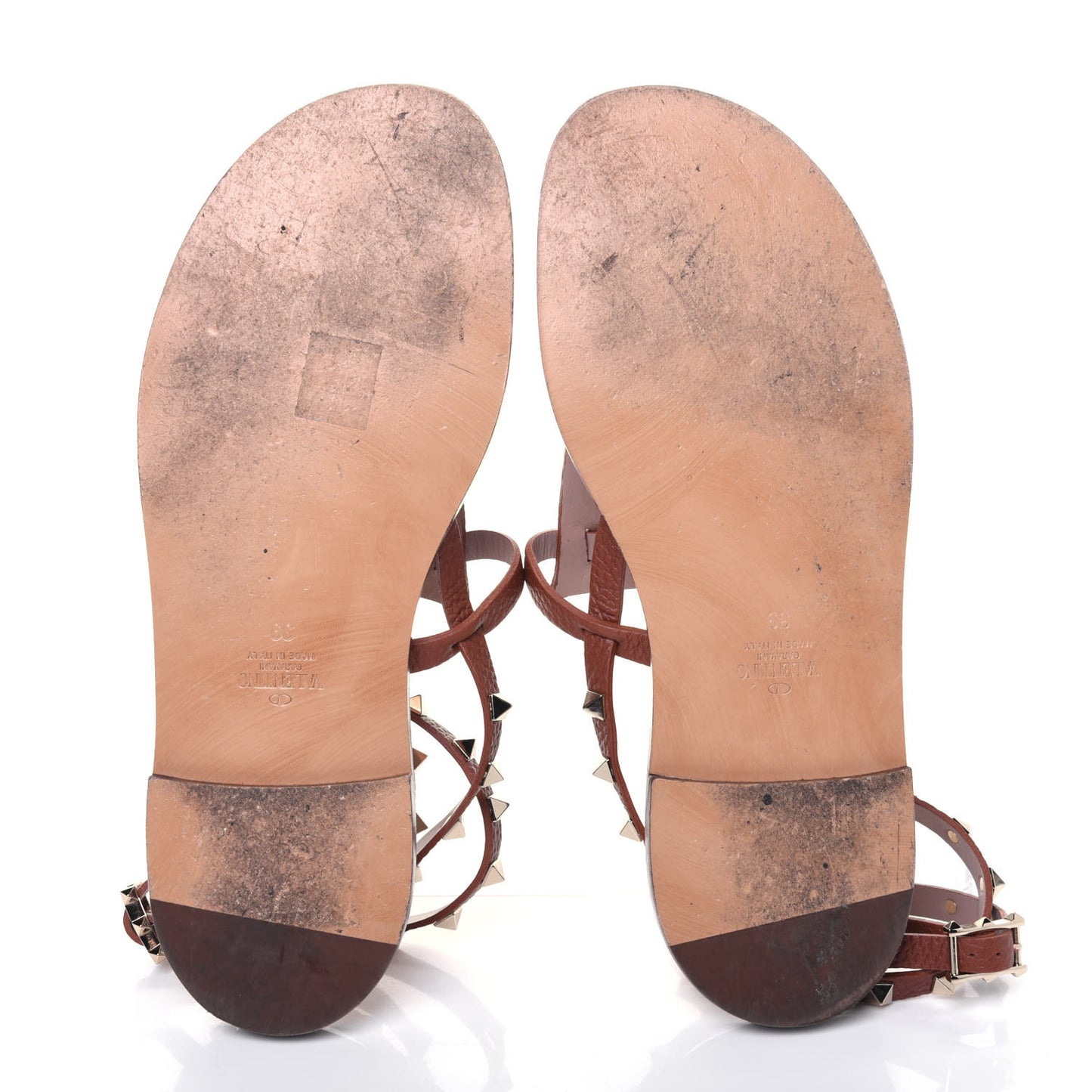 Pebbled Calfskin Rockstud Ankle Wrap Flat Thong Sandals 39 Bright Cognac