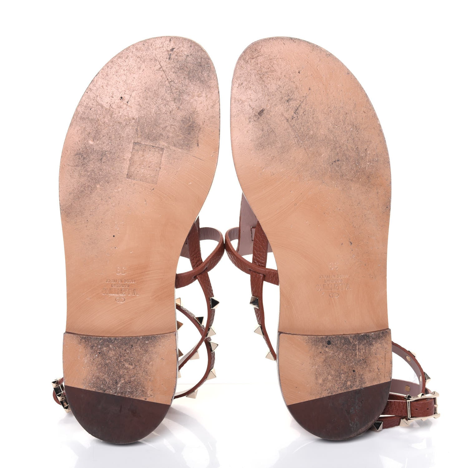 Valentino Garavani Pebbled Calfskin Rockstud Ankle Wrap Flat Thong Sandals 39 Bright Cognac 5 of 13