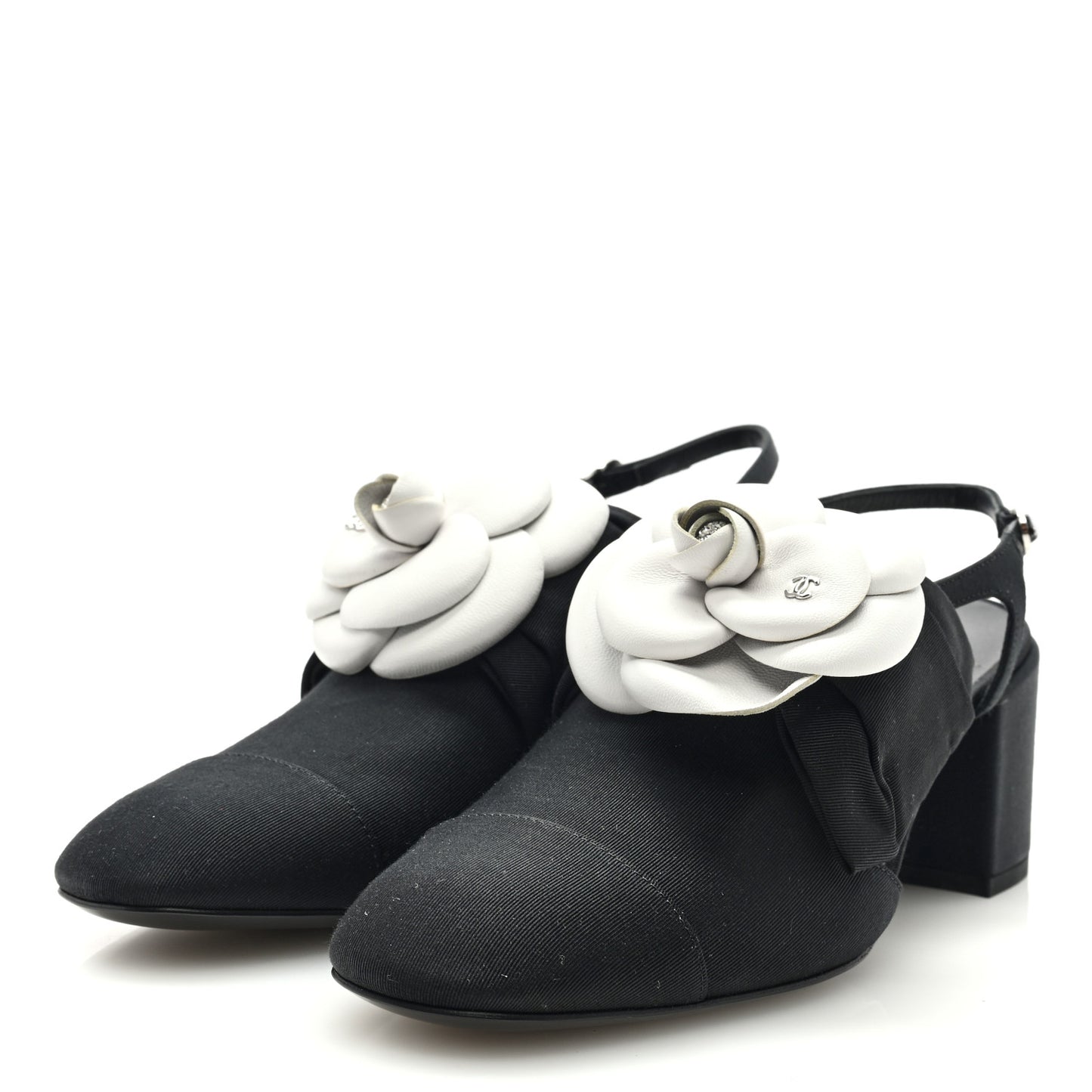 Shiny Fabric Grosgrain Cap Toe Camellia Bow Slingback Pumps 39 Black