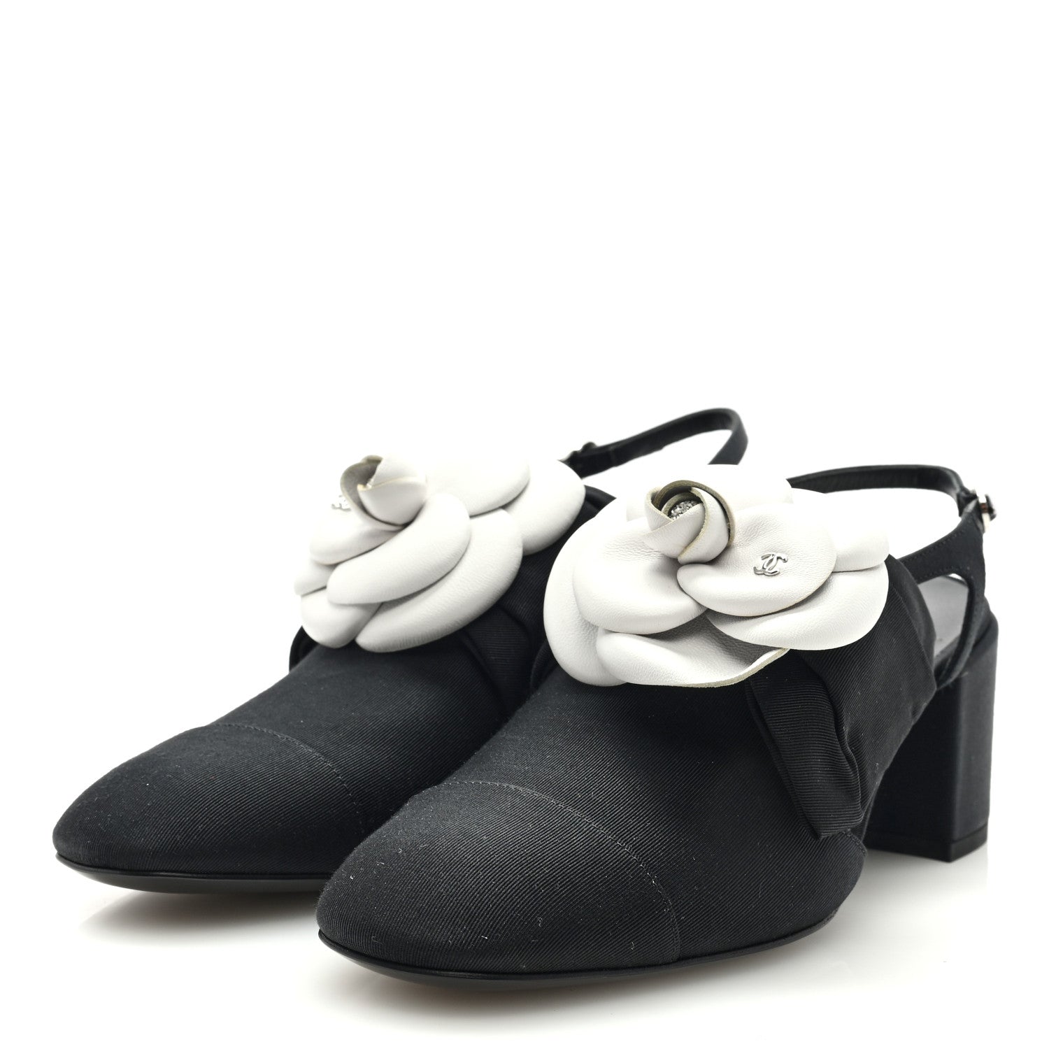 Chanel Shiny Fabric Grosgrain Cap Toe Camellia Bow Slingback Pumps 39 Black 2 of 9