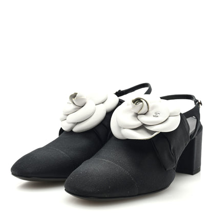 Chanel Shiny Fabric Grosgrain Cap Toe Camellia Bow Slingback Pumps 39 Black 2 of 9