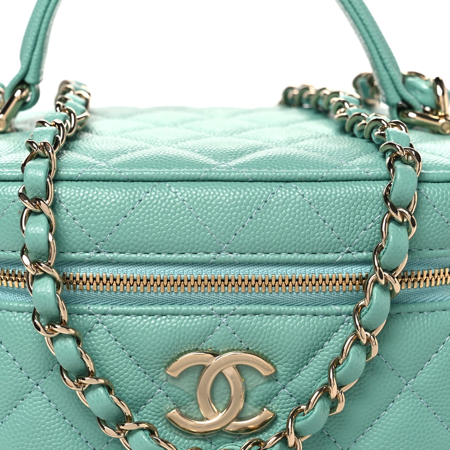 Caviar Quilted Small Top Handle Vanity Case With Chain Light Blue